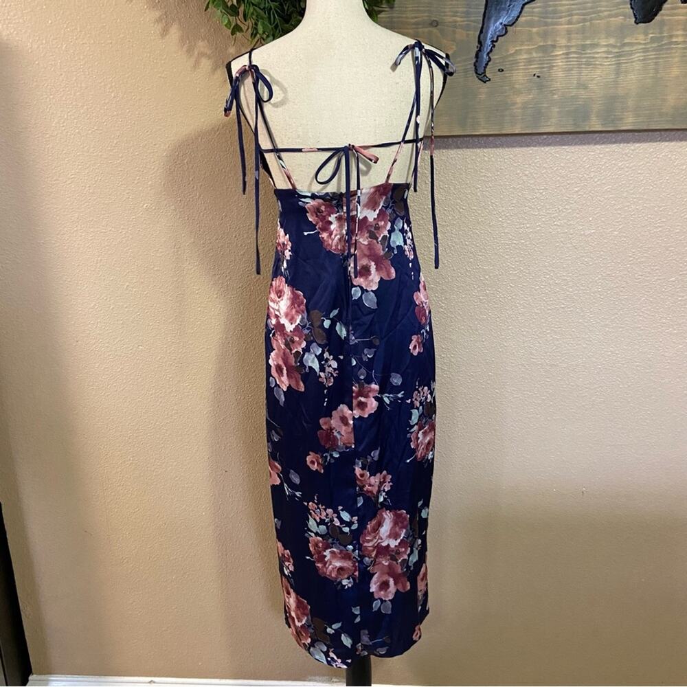 NWOT Lulus Fleur-ty Behavior Navy Blue Floral Satin Tie-Strap Midi Dress - Picture 4 of 11